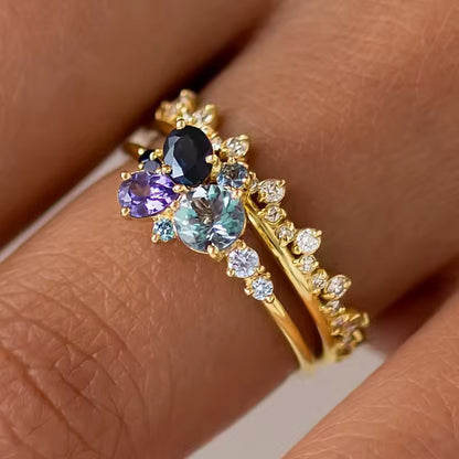 Multi Colored CZ Gold Ring Set