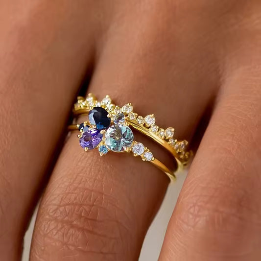 Multi Colored CZ Gold Ring Set